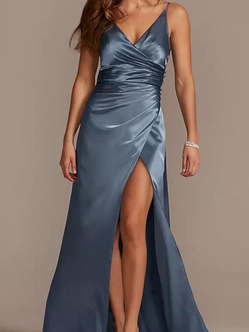 David’s Bridal Satin V-Neck Ruched High-Slit Evening Dress - Steel Blue